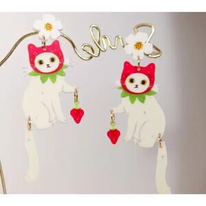 Dainty Kitty Strawberry Hat Cat Dangle Statement EarringsWhimsical Quirky